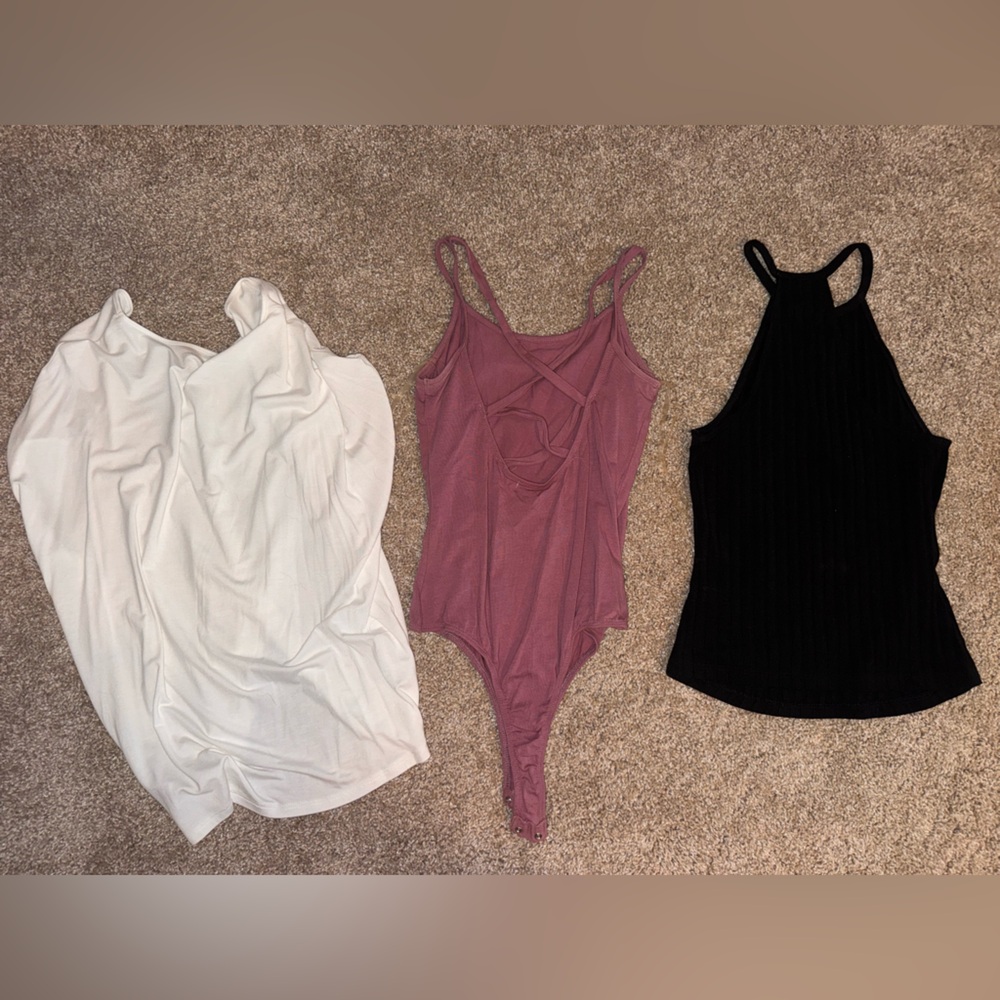 3 for 1 tops, bodysuit, halter top, white oversized